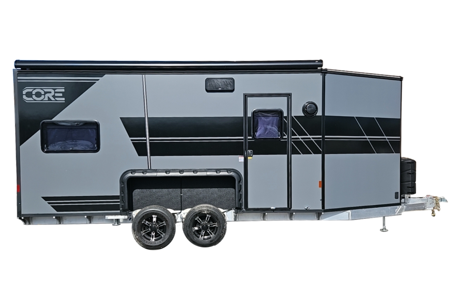 Exterior view of the CORE RV 8022 with black and grey swooped graphics, no graphics